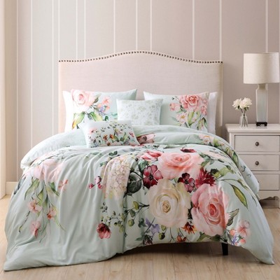 Queen Misty Green Cotton Reversible Floral Comforter Set