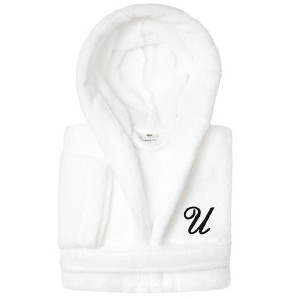 Personalized Linum Kids 100% Polyester SUPER PLUSH Double Brushed Hooded Bathrobe in Black Script Font - 1 of 3