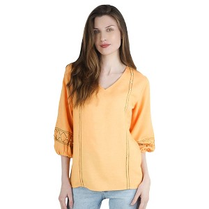 Artyska Women's Linen V-Neck Embroidered Puffed 3/4th Sleeve Blouse Top - 1 of 4