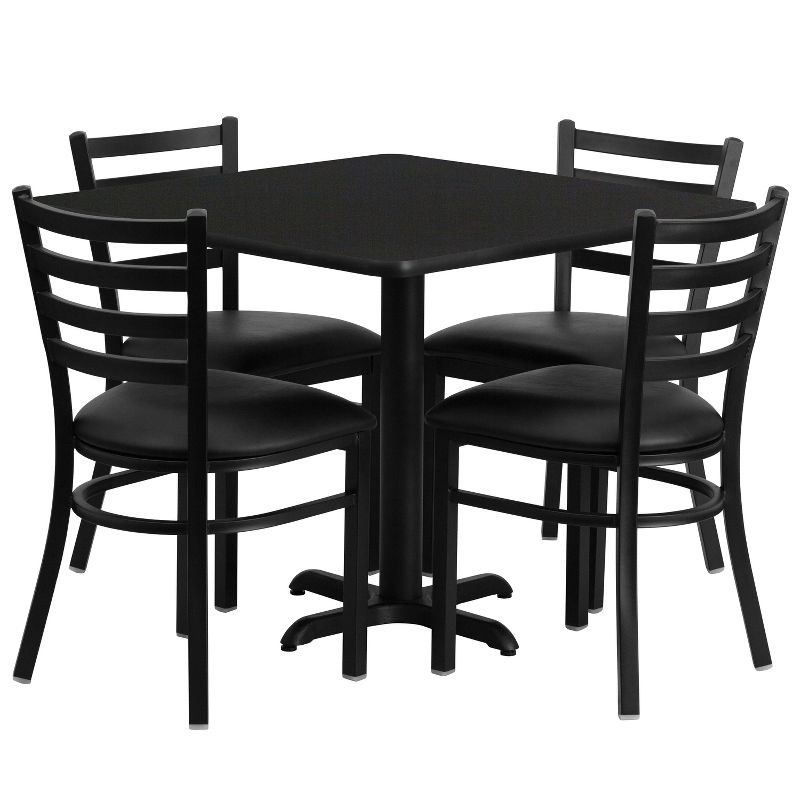 Flash Furniture 36'' Square Black Laminate Table Set with X-Base and 4 Ladder Back Metal Chairs - Black Vinyl Seat, 1 of 4