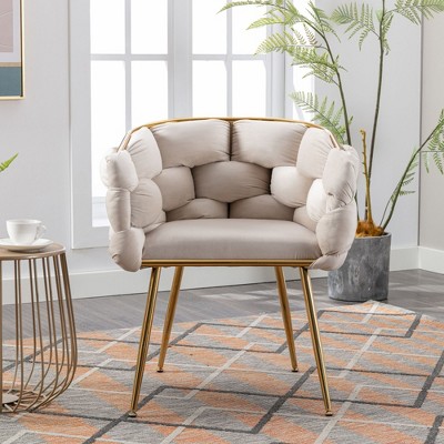 Beige Velvet Upholstered Accent Chair Set with Gold Metal Legs