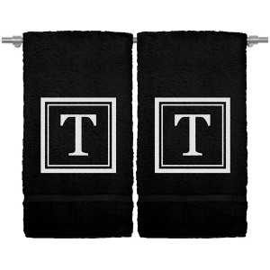 BC BARE COTTON Monogrammed Hand Towel, 100% Turkish Cotton - Set of 2 - Black - White Square - 1 of 1