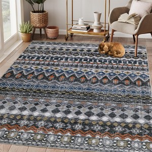 5x7 Washable Area Rug Distressed Geometric Print Mat Living Room Foldable Thin Rug Indoor Non Slip Carpet Non-Shedding Vintage - 1 of 4