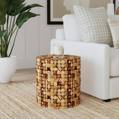 Natural Brown Coconut Shell Mosaic Round End Table