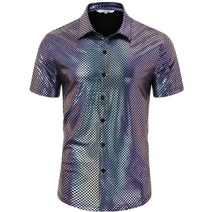Mens Button Down Disco Shirt Metallic Sequins Shiny Short Sleeve Party Shirts Nightclub Costume Top - 1 of 4