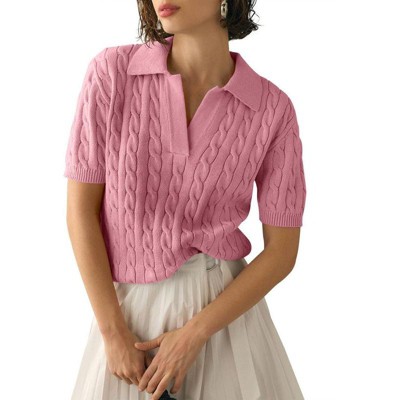 Women's Cable Short Sleeve Sweaters Tops Solid Lapel V Neck Cable Knit Casual Soft Pullover Shirt