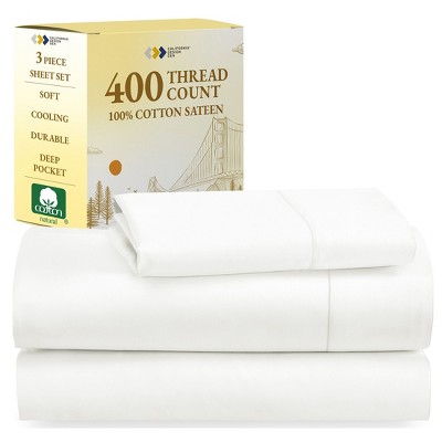 Cotton Sheets Set - Softest 400 Thread Count Bed Sheets, 100% Cotton Sateen, Cooling, Deep Pocket by California Design Den