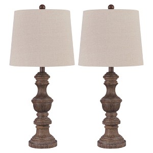 Set of 2 Magaly Poly Table Lamps Brown - Signature Design by Ashley: Wooden Base, 3-Way Switch, Drum Shade - 1 of 4