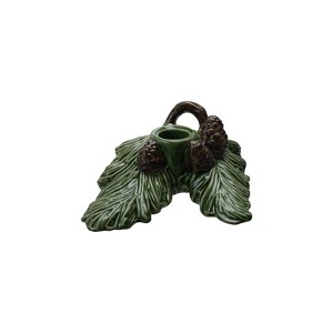 Storied Home Ceramic Pine Bough Shaped Taper Holder with Pinecones, Green and Brown - 1 of 2