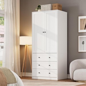 Wooden Armoire Wardrobe Closet with Drawers, Wardrobe Cabinet with Hanging Rod, 2 Doors Clothing Storage Cabinet, Louvered Door 69.5" - 1 of 4