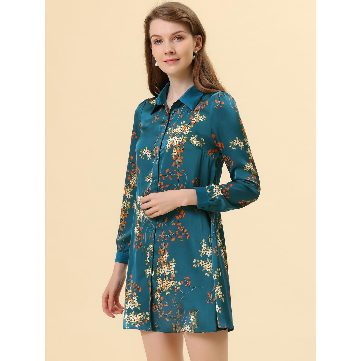 Женские платья INSPIRE CHIC Women's Long Sleeve Button Down Floral Satin Dress Peacock Blue Medium — фото 5