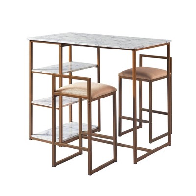 Elegant Faux Marble & Brass Finish Bistro Dining Set with 2 Padded Chairs