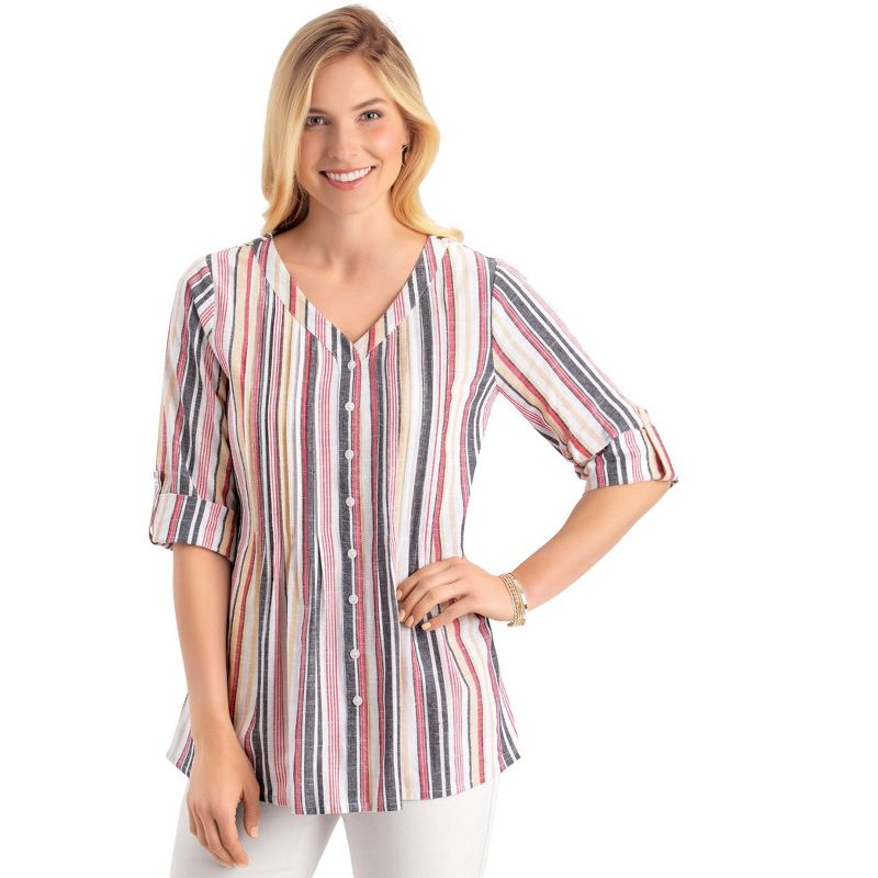 Collections Etc Stylish Multi Striped Woven Pintuck V-Neck Tunic, 1 of 5