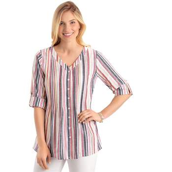 Collections Etc Stylish Multi Striped Woven Pintuck V-Neck Tunic