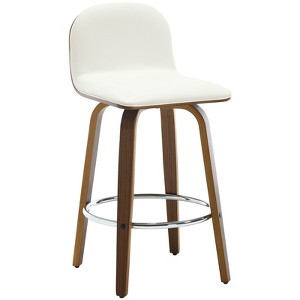 Bekrvio 26" Swivel Counter Height Bar Stools Set of 1 – Mid-Century Modern Upholstered PU Leather & Walnut Bentwood Legs, for Kitchen Island (White) - 1 of 4