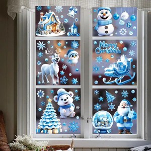 9 Sheets Christmas Window Clings Blue Theme Santa Claus Reindeer Snowman Snowflake Pattern Window Decal Reusable Double Sided Static Stickers - 1 of 4