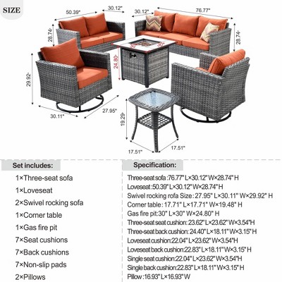 Gray Rattan 7-Person Outdoor Patio Set with Fire Pit