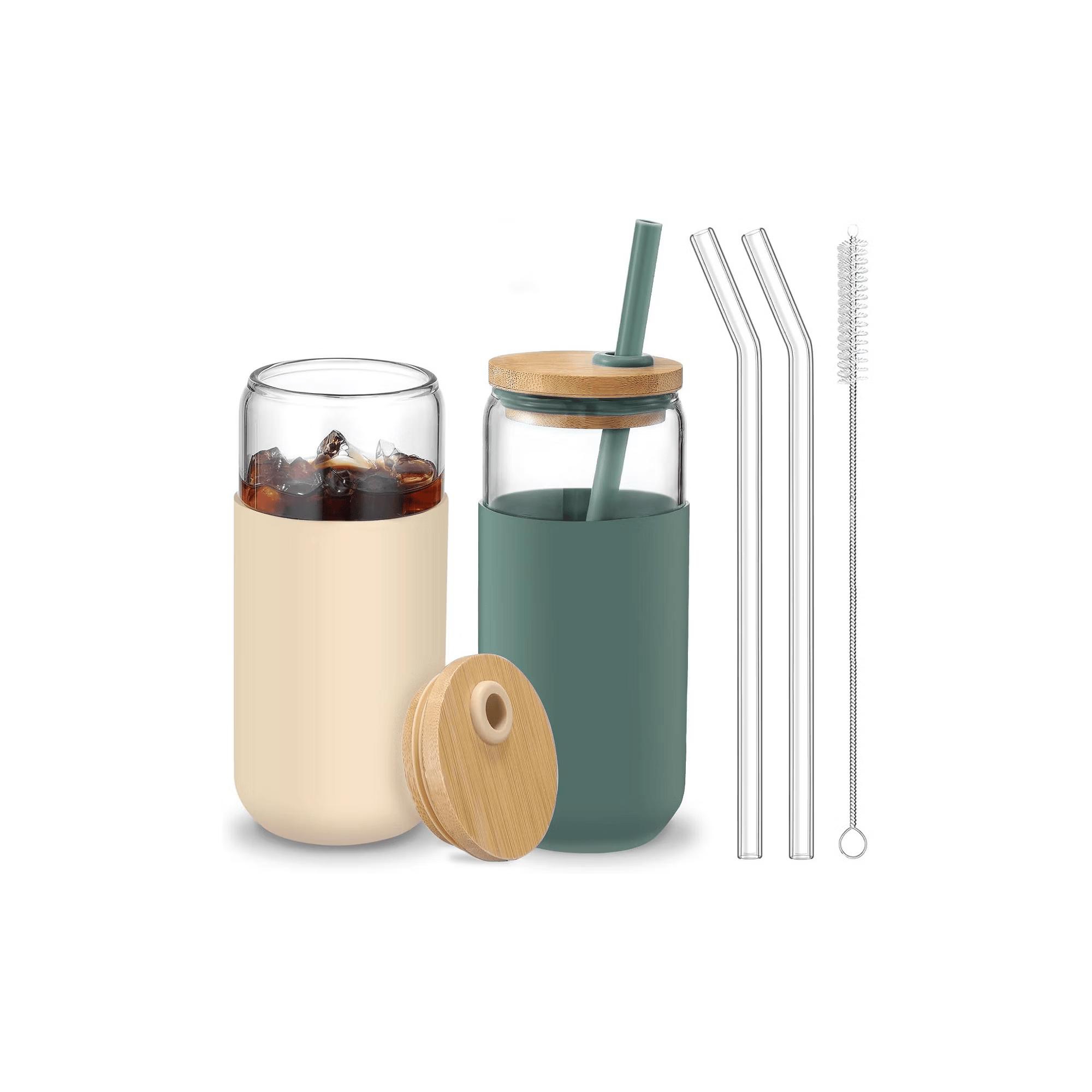 Zeus & Ruta 20 OZ Bamboo Lid Glass Tumbler Set - Beer Can Cup with Silicone Sleeve & Straw, Iced Coffee Glass for Water, Tea (Cambridge Blue, Amber)
