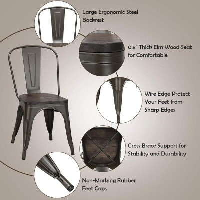 Gunmetal Stackable Metal Dining Chairs with Wood Seat, Set of 4