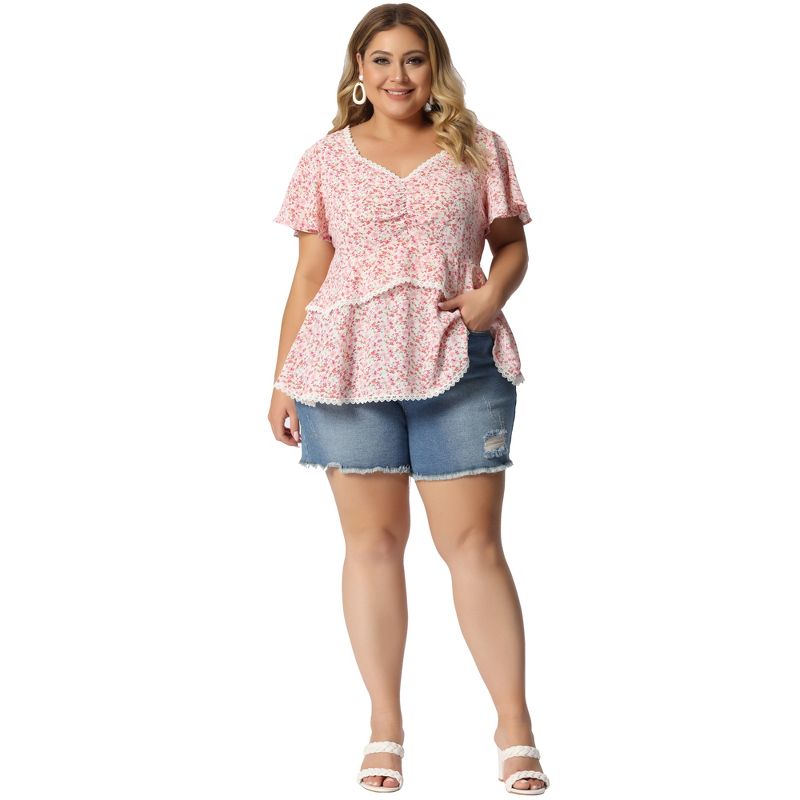 Agnes Orinda Women's Plus Size Tiered Floral Babydoll Ruffle Short Sleeve Blouses, 3 of 7