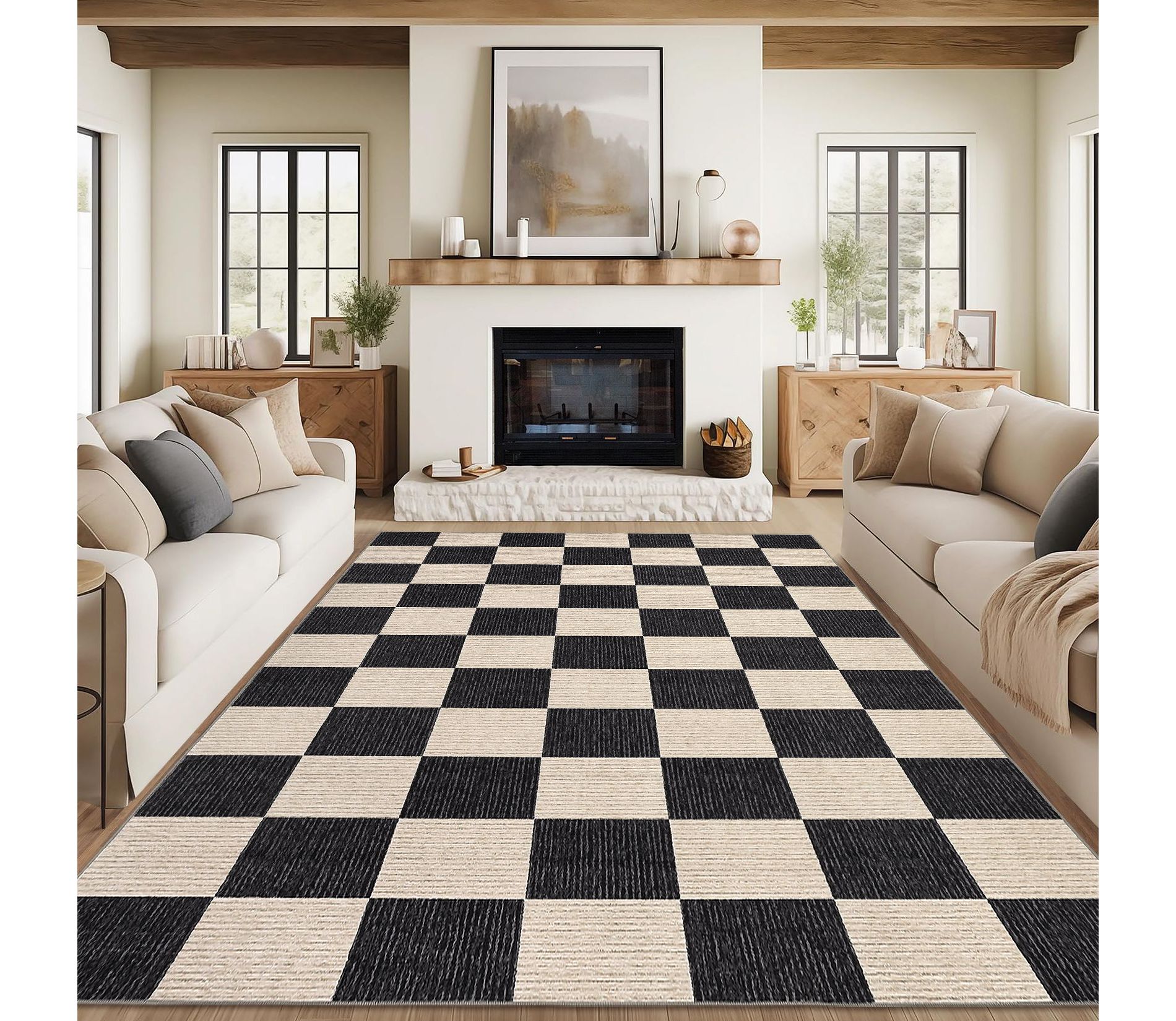 Machine Washable Rug 5x7 Modern Checkerboard Area Rug Non Slip, Soft Non Shedding Indoor Carpet, Foldable Thin Low Pile Floor Covering