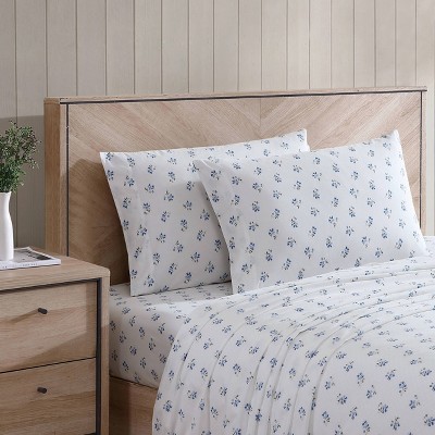 Queen Blue Floral Cotton Percale Deep Pocket Sheet Set