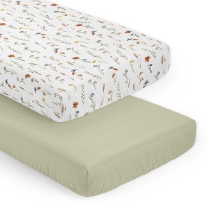 Sweet Jojo Designs Girl Fitted Crib Sheets Set Watercolor Floral Garden Green Orange and Beige 2pc - 1 of 4