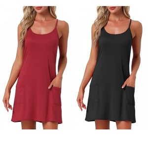 INSPIRE CHIC Women's 2 Pcs Sleeveless Racerback Midi Sleepdress Chemise Nightgowns with Pockets - 1 of 4