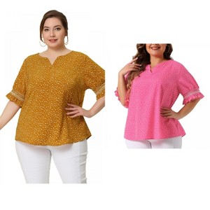 Women's Plus Size 2 Pieces Floral Boho Polka Dots Short Sleeve Cute Smocked Spring Blouses - Agnes Orinda - 1 of 4
