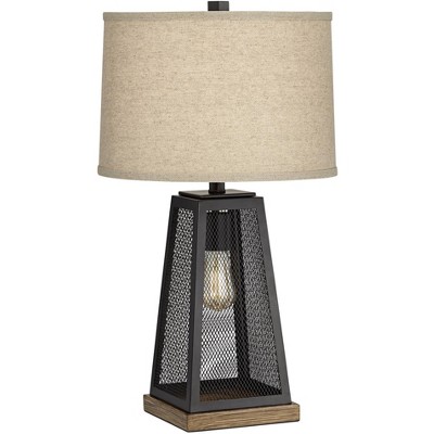 Franklin Iron Works Farmhouse USB Table Lamp with Night Light LED Dimmer Bronze Metal Burlap Shade for Living Room Bedroom Bedside