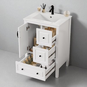 24" Freestanding Bathroom Vanity with Ceramic Sink, Soft-Close Cabinet & Drawers, Retro Metal Handles, Open Back for Plumbing - 1 of 4