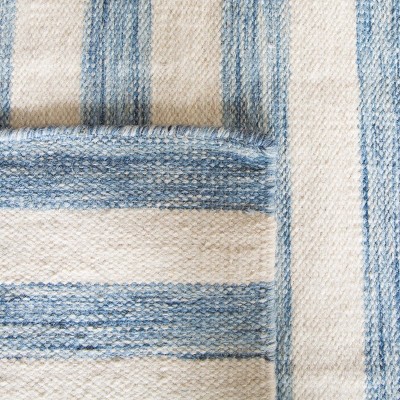 Handmade Blue and Ivory Wool Striped Square Rug