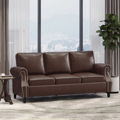 Modern Faux Leather Sofa Couch With Nailhead Trim, Comfy Upholstered 3-Seater Sofa Couch With Rolled Armrest, Birchwood Legs Supports