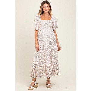 PinkBlush Cream Multi Ditsy Floral Smocked Maternity Midi Dress - 1 of 4