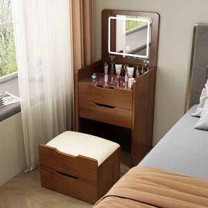 Small Make Up Vanity Set with Visible Glass Desktop Walnut - 1 of 4