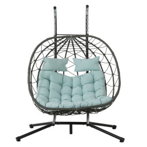 2 Persons Egg Chair with Stand Indoor Outdoor Swing Chair Patio Wicker Hanging Egg Chair Hanging Basket Chair with Stand - 1 of 3