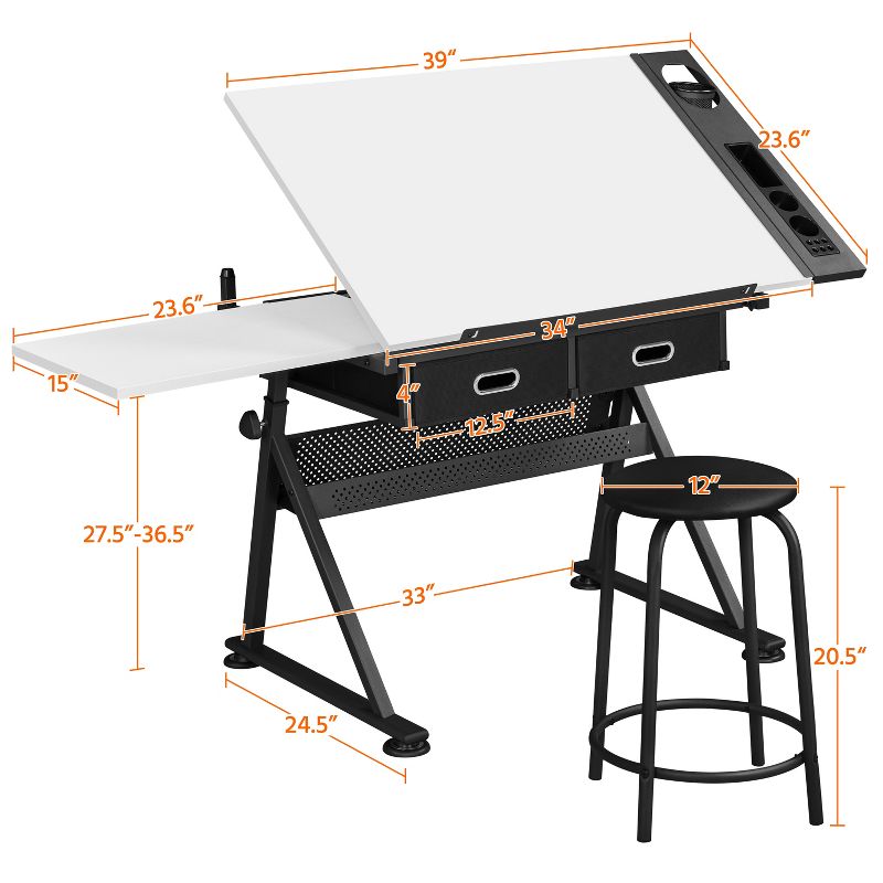 Yaheetech Drafting Table & Stool Set All-in-One Drawing Table, 3 of 8