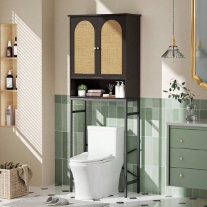 Rattan Toilet Storage Cabinet Over the Rack Wood Cabinet with Metal Stand Bathroom Organizer Adjustable Shelf Tall Freestanding - 1 of 4
