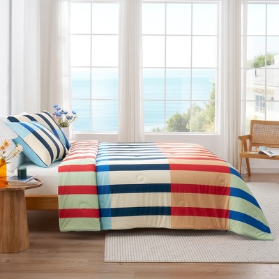 SNUGGLE SAC Double‑Sided Striped Cooling Comforter with 2 Pillowcases Breathable Summer Bedding Set Vibrant Coastal Design Snuggle Sac,Green Orange,90"x90" — фото 4