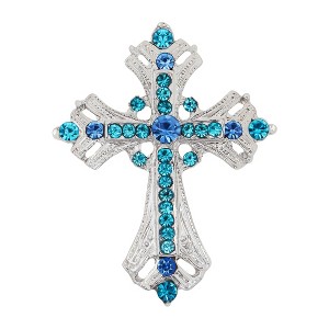 Anna-Kaci Silvery Tone Religious Cross Brooch Sparkling Aquamarine Blue or Victorian Clear Crystal Rhinestones - 1 of 4