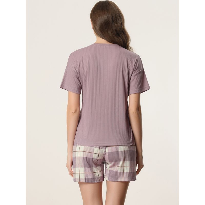 cheibear Women's Sleepwear Short Sleeve T-Shirt with Plaid Shorts Couple Pajama Sets, 4 of 7