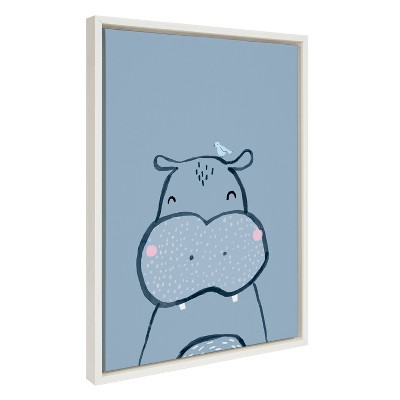 Inky Hippo Blue Canvas Print with White Frame, 18x24