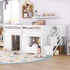 NicBex Twin Size Loft Bed Low Design Wooden Bed Frame with Drawer, Shelf, Storage Stair and Full Length Guardrail, No Box Spring Required - 1 of 4
