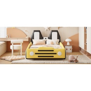 ?Vynxaria Twin Size Race Car-Shaped Platform Bed with Wheels - Fun & Functional Design - 1 of 4