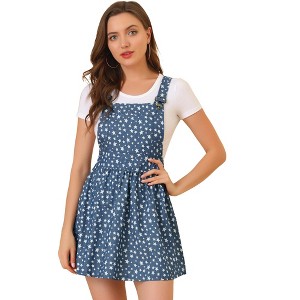 Allegra K Women's Printed Adjustable Straps Mini Chambray Pinafore Dress - 1 of 4