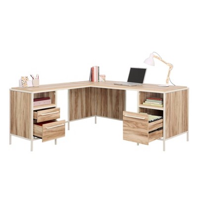 White and Wood L-Shaped Corner Desk with Drawers and Filing Cabinet