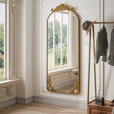 Runesay Arched Full Body Mirror with Vintage Ornate Carved Applique on Top and Bottom, Hanging Wall Mounted Mirror
