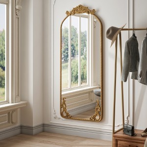 Runesay Arched Full Body Mirror with Vintage Ornate Carved Applique on Top and Bottom, Hanging Wall Mounted Mirror - 1 of 4