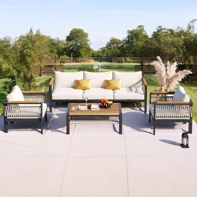 Mshliw 4-Piece Outdoor Sectional Sofa Set with Coffee Table – Patio Furniture with Cushions and Woven Rope Detailing for Garden, Balcony, or Patio