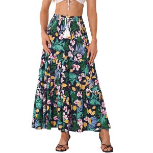 INSPIRE CHIC Women's Summer Floral Boho Tassels Elastic Waist Casual Maxi Skirts - 1 of 4